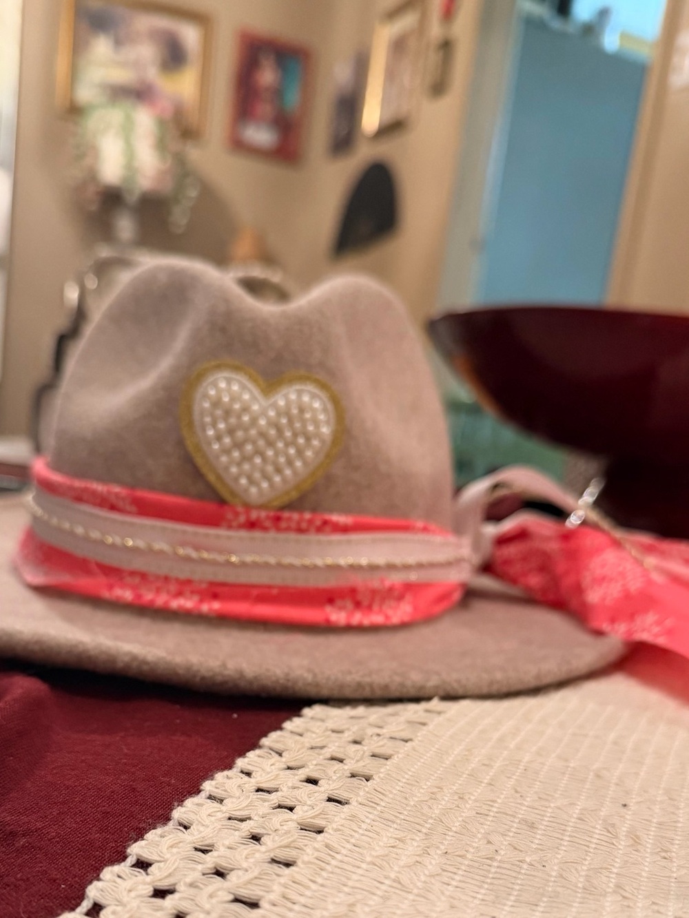 Women’s crafted Beige Felt Hat with Pink Trim and Heart Patch